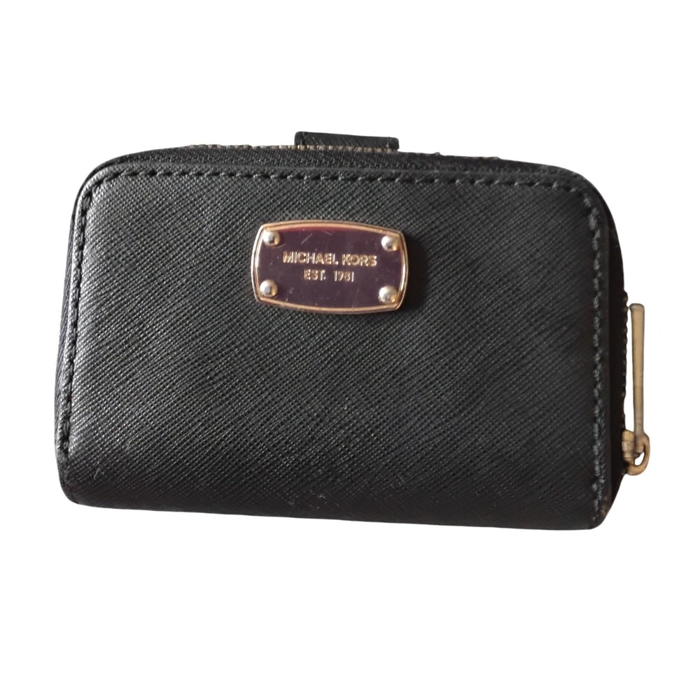 Michael Kors Black Saffiano Leather Key Pouch Wallet‎ Gold Hardware Est 1981